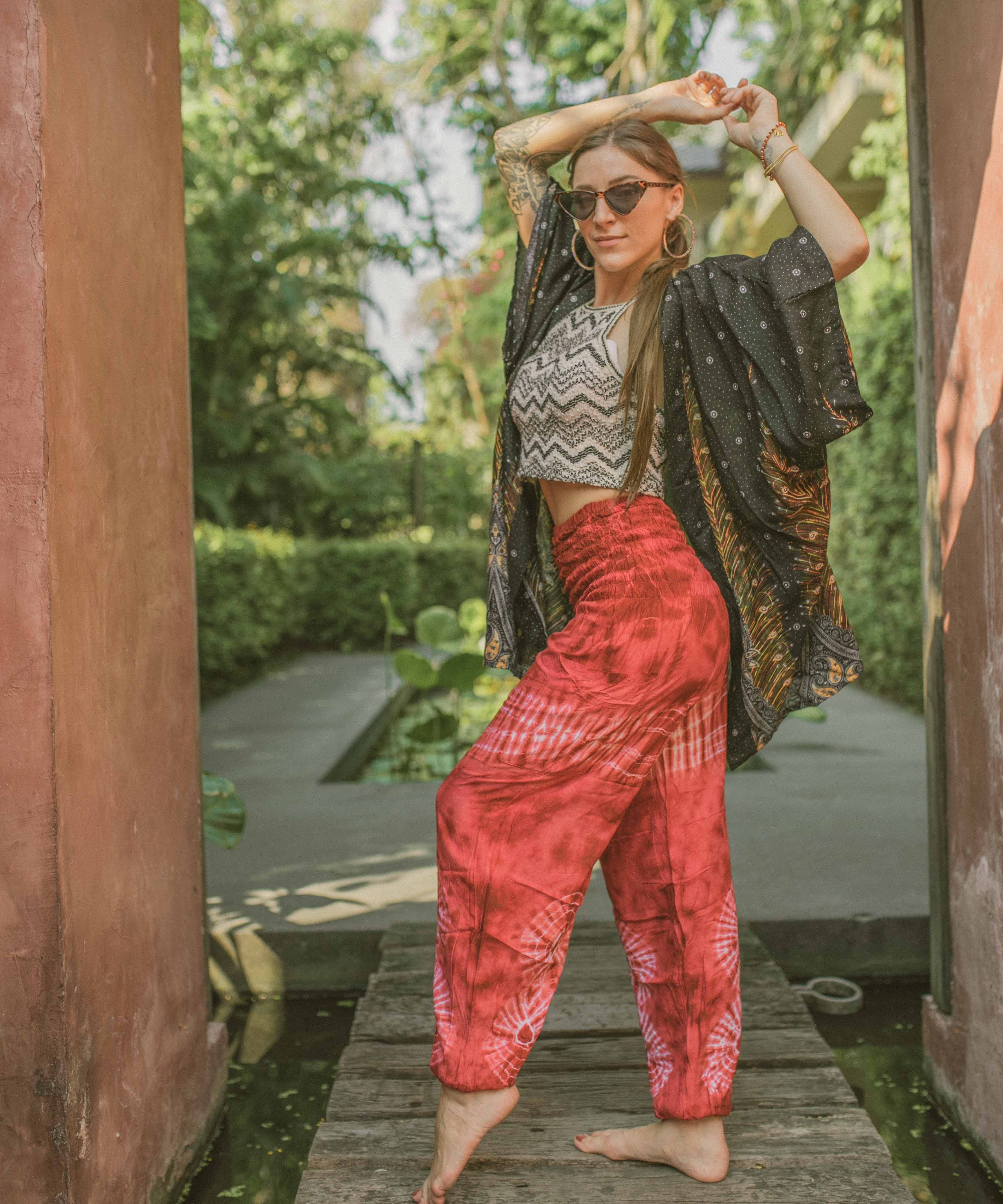 TIE DYE PANTS - RED Elepanta Elastic Waist | Harem Pants - Buy Today Elephant Pants Jewelry And Bohemian Clothes Handmade In Thailand Help To Save The Elephants FairTrade And Vegan